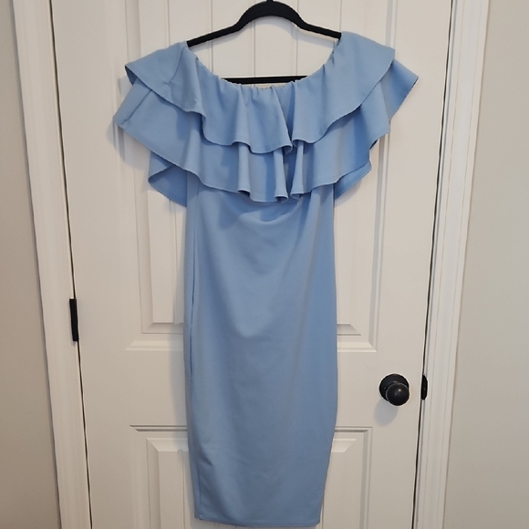 Maternity Boohoo Blue Off-Shoulder Sheath Dress with Ruffled Overlay - Picture 5 of 5
